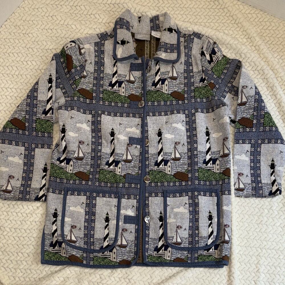 Vintage Blair Nautical Lighthouse Sailboat Tapestry Button Up Jacket Size Large